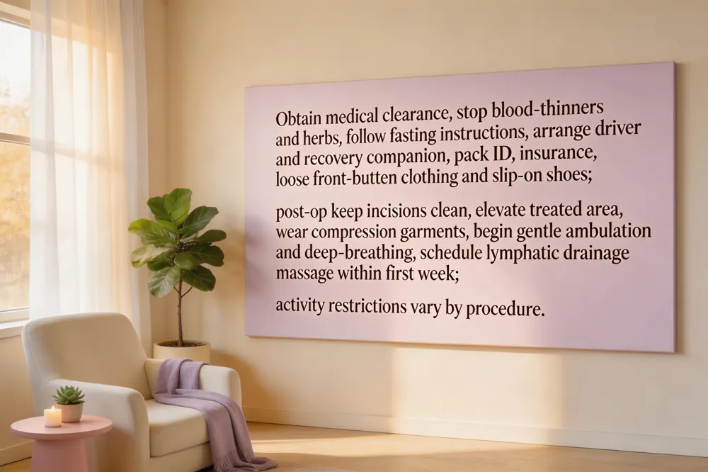 Obtain medical clearance, stop blood‑thinners and herbs, follow fasting instructions, arrange driver and recovery companion, pack ID, insurance, loose front‑button clothing and slip‑on shoes; post‑op keep incisions clean, elevate treated area, wear compression garments, begin gentle ambulation and deep‑breathing, schedule lymphatic drainage massage within first week; activity restrictions vary by procedure.