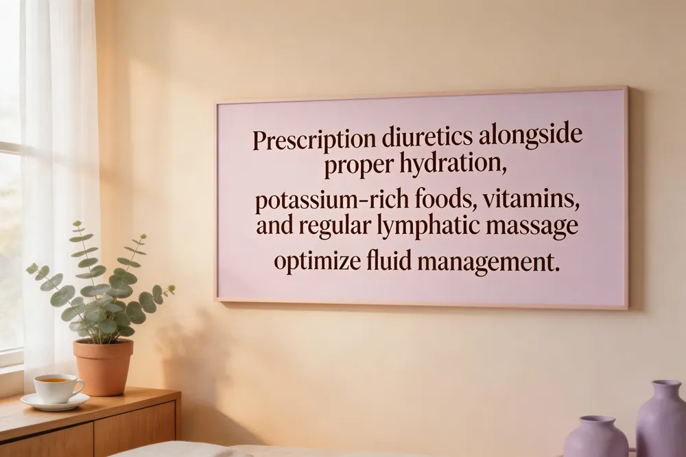 Prescription diuretics alongside proper hydration, potassium‑rich foods, vitamins, and regular lymphatic massage optimize fluid management.