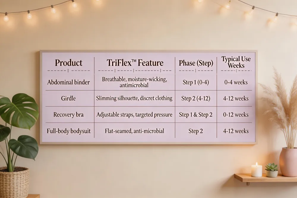 | Product | TriFlex™ Feature | Phase (Step) | Typical Use Weeks |
|---|---|---|---|
| Abdominal binder | Breathable, moisture‑wicking, antimicrobial | Step 1 (0‑4) | 0‑4 weeks |
| Girdle | Slimming silhouette, discreet under clothing | Step 2 (4‑12) | 4‑12 weeks |
| Recovery bra | Adjustable straps, targeted pressure | Step 1 &amp; Step 2 | 0‑12 weeks |
| Full‑body bodysuit | Flat‑seamed, anti‑microbial | Step 2 | 4‑12 weeks |