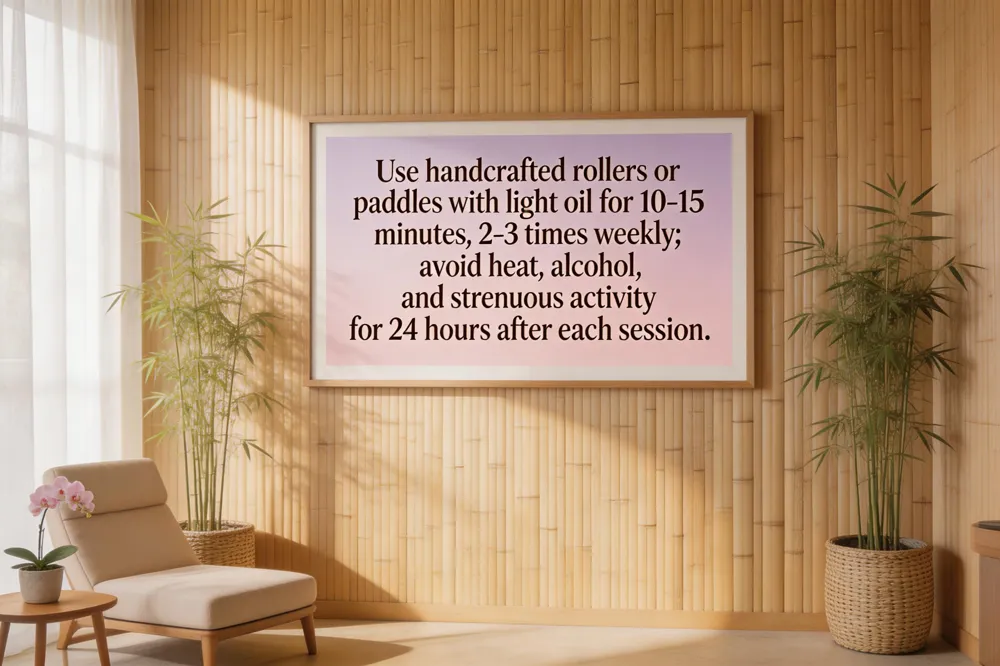 Use handcrafted rollers or paddles with light oil for 10‑15 minutes, 2‑3 times weekly; avoid heat, alcohol, and strenuous activity for 24 hours after each session.