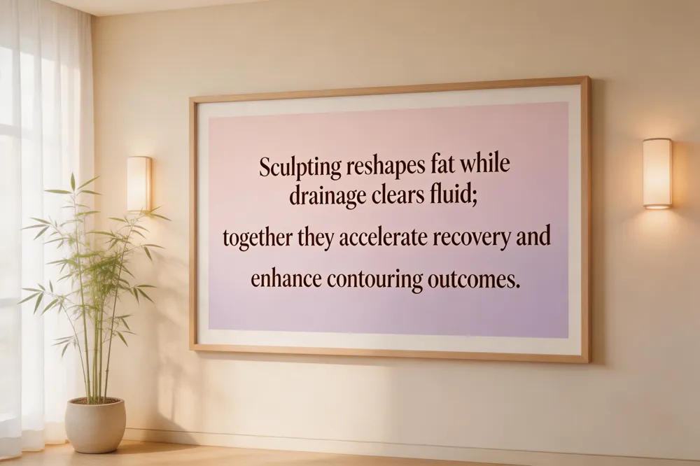 Sculpting reshapes fat while drainage clears fluid; together they accelerate recovery and enhance contouring outcomes.