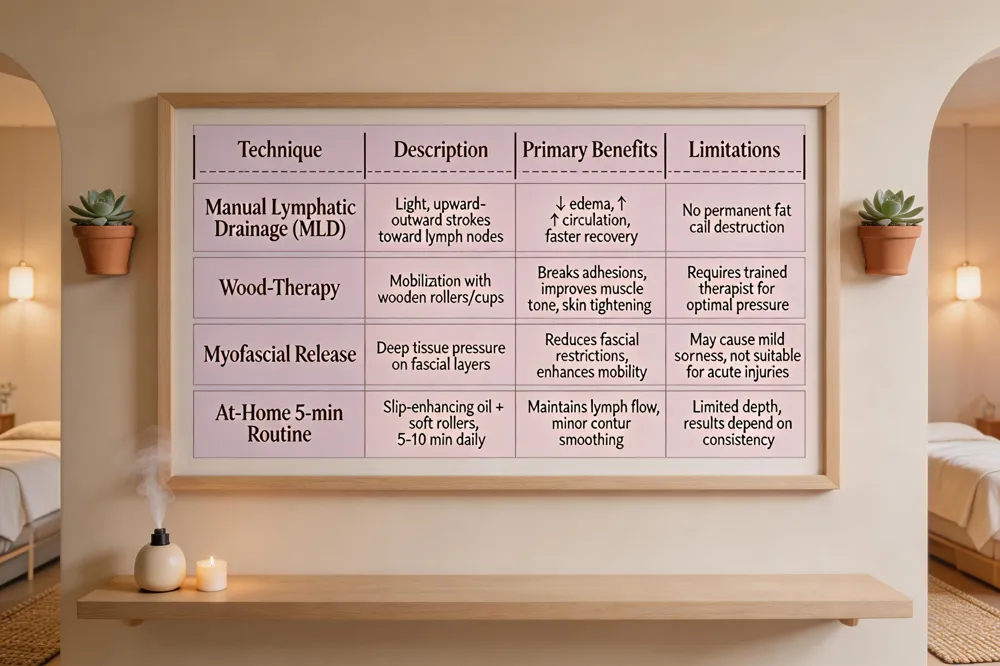 | Technique | Description | Primary Benefits | Limitations |
|---|---|---|---|
| Manual Lymphatic Drainage (MLD) | Light, upward‑and‑outward strokes toward lymph nodes | ↓ edema, ↑ circulation, faster recovery | No permanent fat cell destruction |
| Wood‑Therapy | Mobilization with wooden rollers/cups | Breaks adhesions, improves muscle tone, skin tightening | Requires trained therapist for optimal pressure |
| Myofascial Release | Deep tissue pressure on fascial layers | Reduces fascial restrictions, enhances mobility | May cause mild soreness, not suitable for acute injuries |
| At‑Home 5‑min Routine | Slip‑enhancing oil + soft rollers, 5‑10 min daily | Maintains lymph flow, minor contour smoothing | Limited depth, results depend on consistency |
