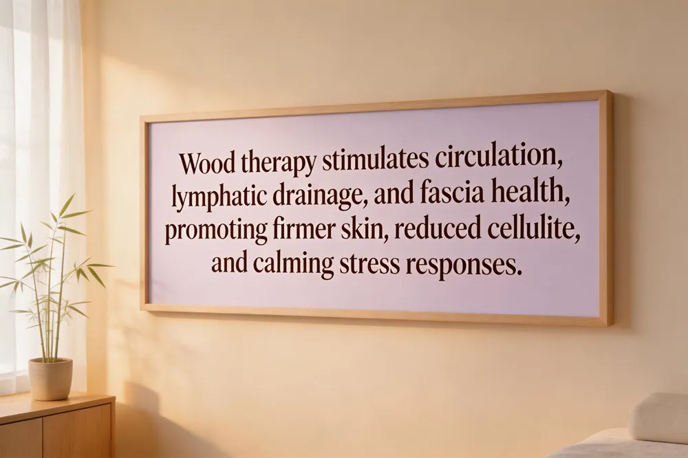 Wood therapy stimulates circulation, lymphatic drainage, and fascia health, promoting firmer skin, reduced cellulite, and calming stress responses.