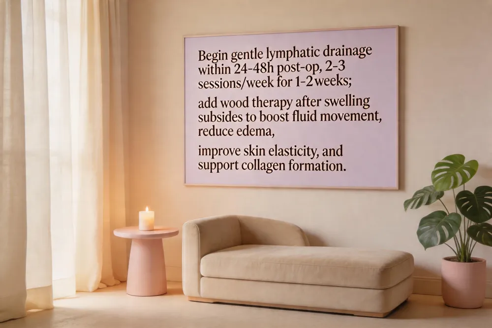 Begin gentle lymphatic drainage within 24‑48 h post‑op, 2‑3 sessions/week for 1‑2 weeks; add wood therapy after swelling subsides to boost fluid movement, reduce edema, improve skin elasticity, and support collagen formation.