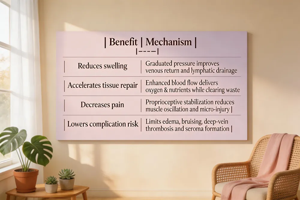 | Benefit | Mechanism |
|---|---|
| Reduces swelling | Graduated pressure improves venous return and lymphatic drainage |
| Accelerates tissue repair | Enhanced blood flow delivers oxygen &amp; nutrients while clearing waste |
| Decreases pain | Proprioceptive stabilization reduces muscle oscillation and micro‑injury |
| Lowers complication risk | Limits edema, bruising, deep‑vein thrombosis and seroma formation
