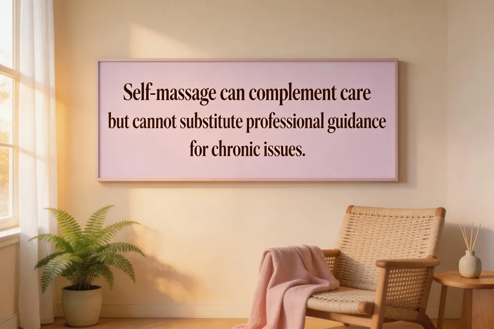Self‑massage can complement care but cannot substitute professional guidance for chronic issues.