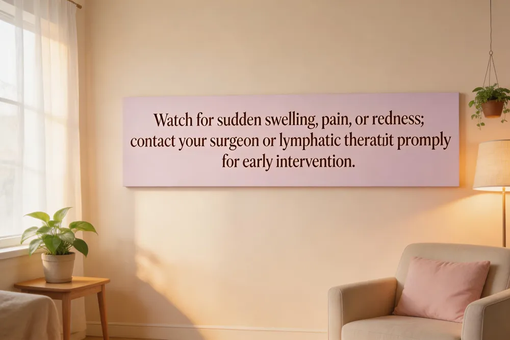Watch for sudden swelling, pain, or redness; contact your surgeon or lymphatic therapist promptly for early intervention.