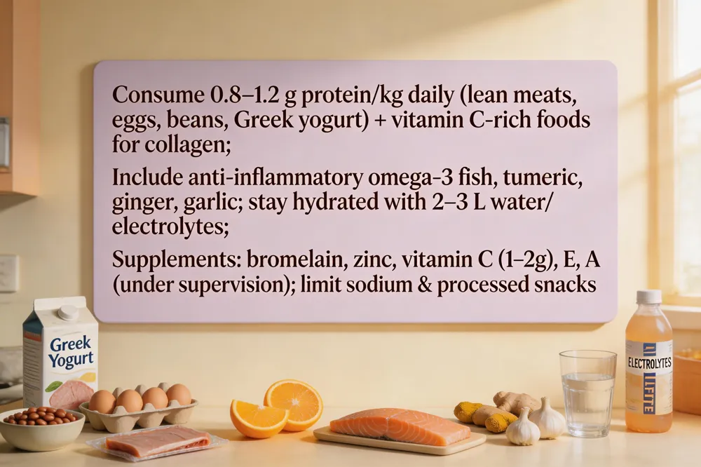 Consume 0.8–1.2 g protein/kg daily (lean meats, eggs, beans, Greek yogurt) plus vitamin C‑rich foods for collagen; include anti‑inflammatory omega‑3 fish, turmeric, ginger, garlic; stay hydrated with 2–3 L water/electrolytes; supplements: bromelain, zinc, vitamin C (1–2 g), vitamin E, vitamin A under supervision; limit sodium and processed snacks.