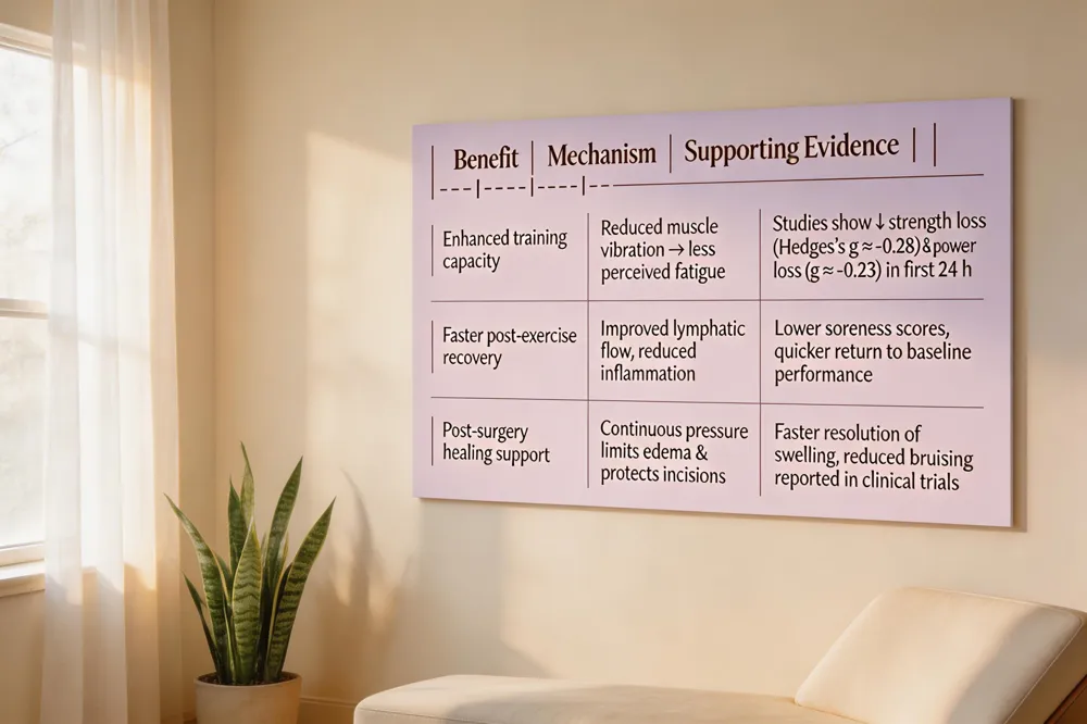 | Benefit | Mechanism | Supporting Evidence |
|---|---|---|
| Enhanced training capacity | Reduced muscle vibration → less perceived fatigue | Studies show ↓ strength loss (Hedges’s g ≈ ‑0.28) and power loss (g ≈ ‑0.23) in first 24 h |
| Faster post‑exercise recovery | Improved lymphatic flow, reduced inflammation | Lower soreness scores, quicker return to baseline performance |
| Post‑surgery healing support | Continuous pressure limits edema &amp; protects incisions | Faster resolution of swelling, reduced bruising reported in clinical trials