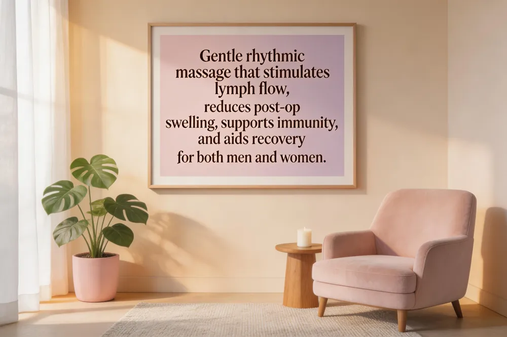 Gentle rhythmic massage that stimulates lymph flow, reduces post‑op swelling, supports immunity, and aids recovery for both men and women.