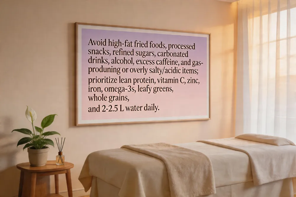 Avoid high‑fat fried foods, processed snacks, refined sugars, carbonated drinks, alcohol, excess caffeine, and gas‑producing or overly salty/acidic items; prioritize lean protein, vitamin C, zinc, iron, omega‑3s, leafy greens, whole grains, and 2‑2.5 L water daily.