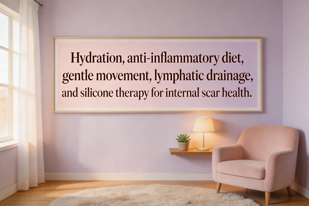 Hydration, anti‑inflammatory diet, gentle movement, lymphatic drainage, and silicone therapy for internal scar health.