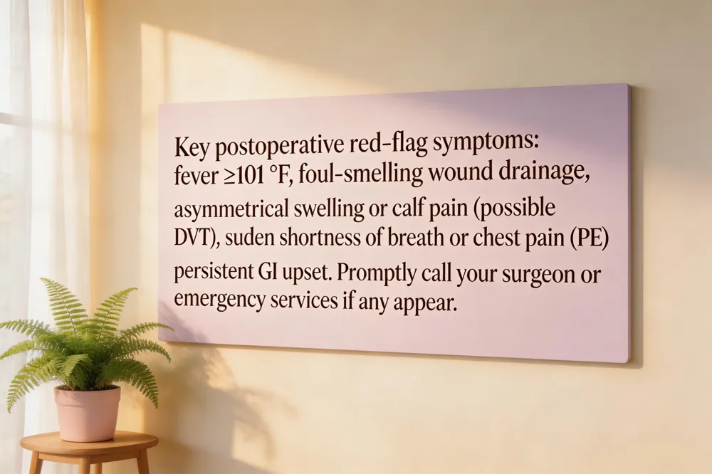 Key postoperative red‑flag symptoms: fever ≥101 °F, foul‑smelling wound drainage, asymmetrical swelling or calf pain (possible DVT), sudden shortness of breath or chest pain (PE), and persistent GI upset. Promptly call your surgeon or emergency services if any appear.