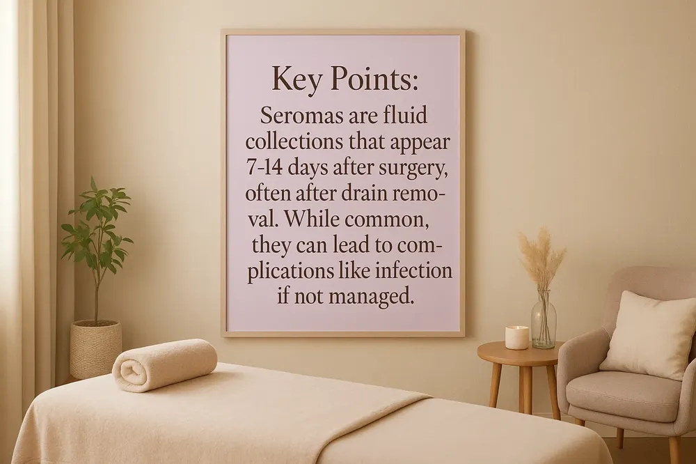Key Points: Seromas are fluid collections that appear 7-14 days after surgery, often after drain removal. While common, they can lead to complications like infection if not managed.