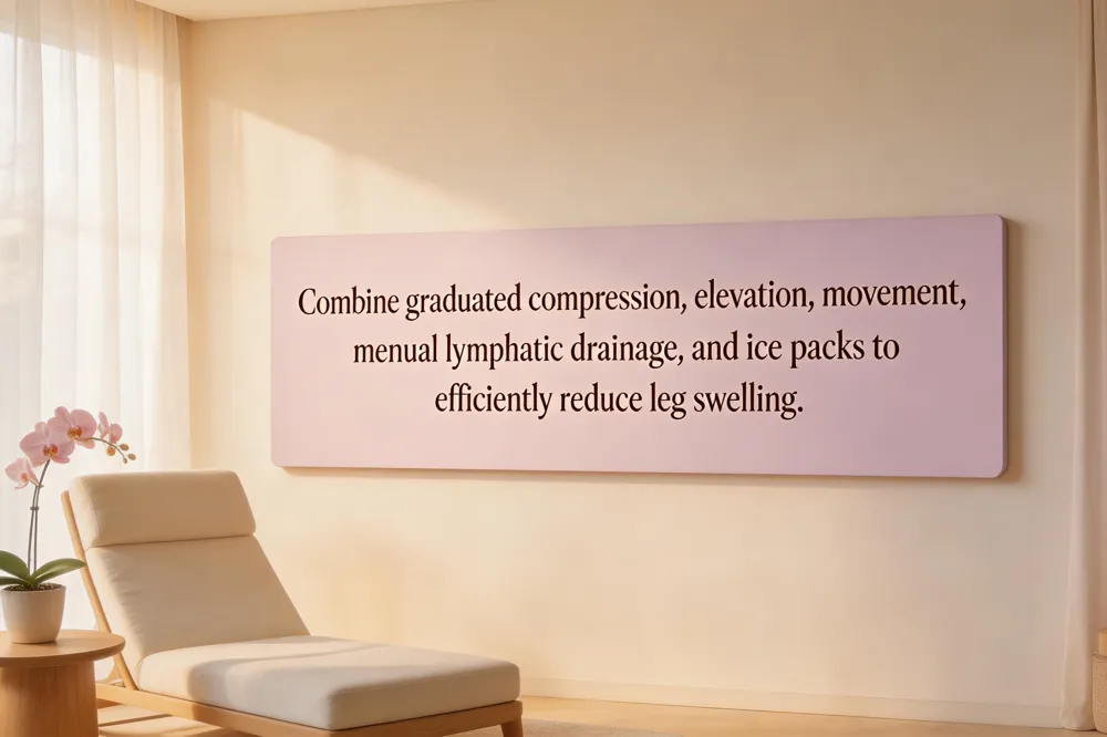 Combine graduated compression, elevation, movement, manual lymphatic drainage, and ice packs to efficiently reduce leg swelling.