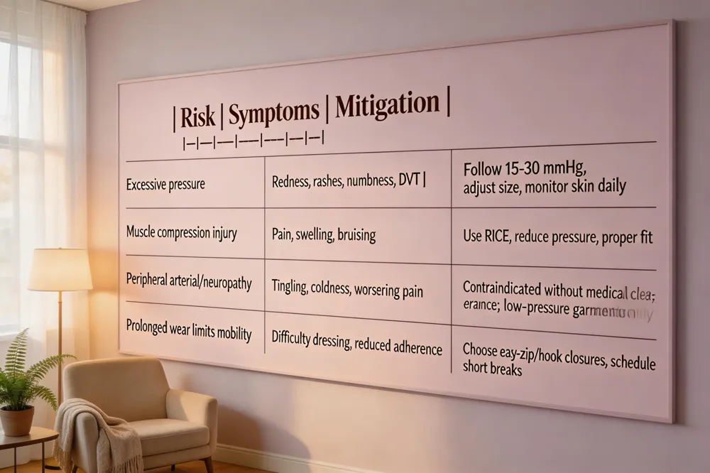 | Risk | Symptoms | Mitigation |
|---|---|---|
| Excessive pressure | Redness, rashes, skin irritation, numbness, possible DVT | Follow prescribed 15‑30 mmHg, adjust size, monitor skin daily |
| Muscle compression injury | Pain, swelling, bruising after activity | Use RICE, reduce pressure, ensure proper fit |
| Peripheral arterial disease / severe neuropathy | Tingling, coldness, worsening pain | Contraindicated without medical clearance; use low‑pressure garments only |
| Prolonged wear limits mobility | Difficulty dressing, reduced adherence | Choose easy‑zip or hook‑and‑eye closures, schedule short breaks as advised