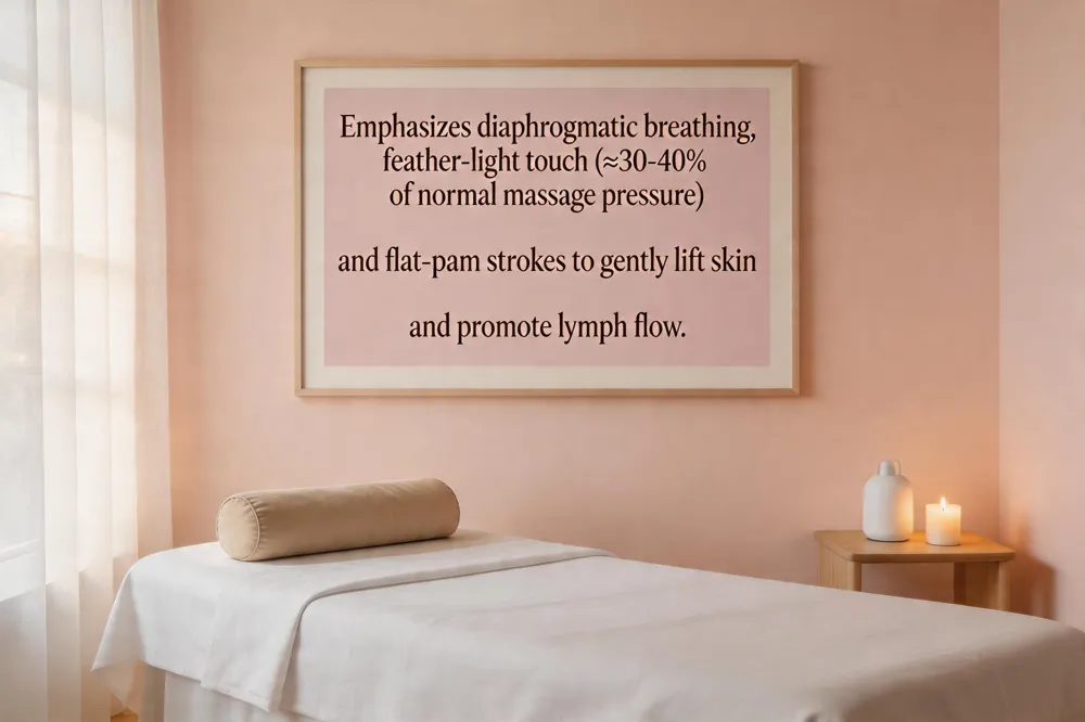 Emphasizes diaphragmatic breathing, feather‑light touch (≈30‑40 % of normal massage pressure), and flat‑palm strokes to gently lift skin and promote lymph flow.