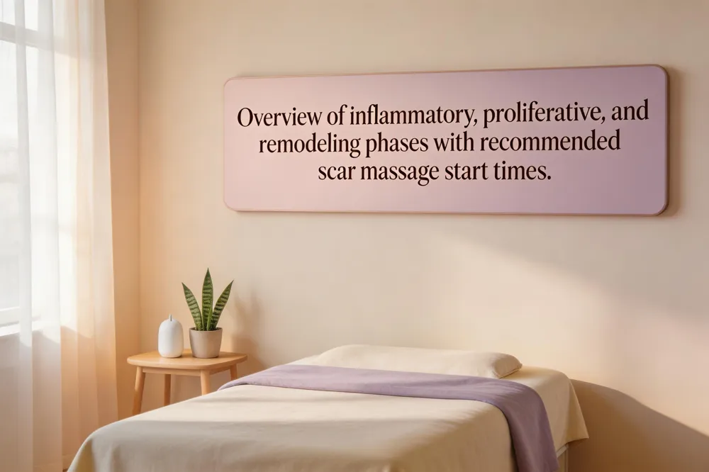 Overview of inflammatory, proliferative, and remodeling phases with recommended scar massage start times.