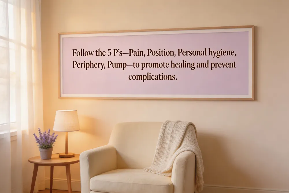Follow the 5 P’s—Pain, Position, Personal hygiene, Periphery, Pump—to promote healing and prevent complications.