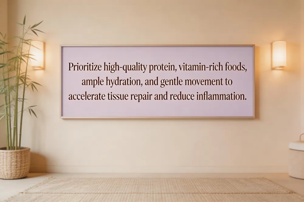 Prioritize high‑quality protein, vitamin‑rich foods, ample hydration, and gentle movement to accelerate tissue repair and reduce inflammation.