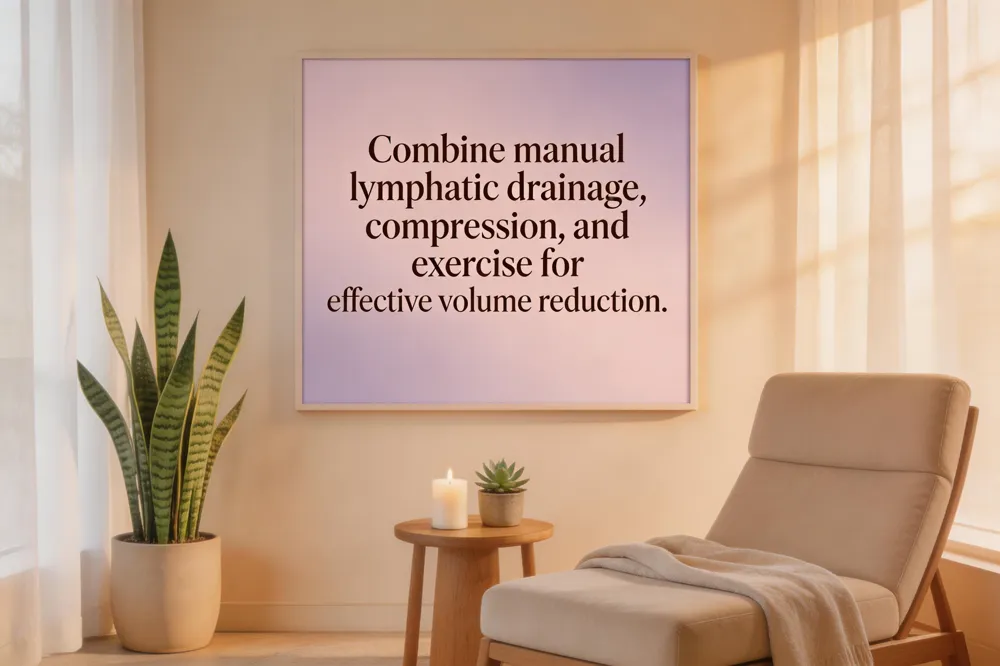 Combine manual lymphatic drainage, compression, and exercise for effective volume reduction.