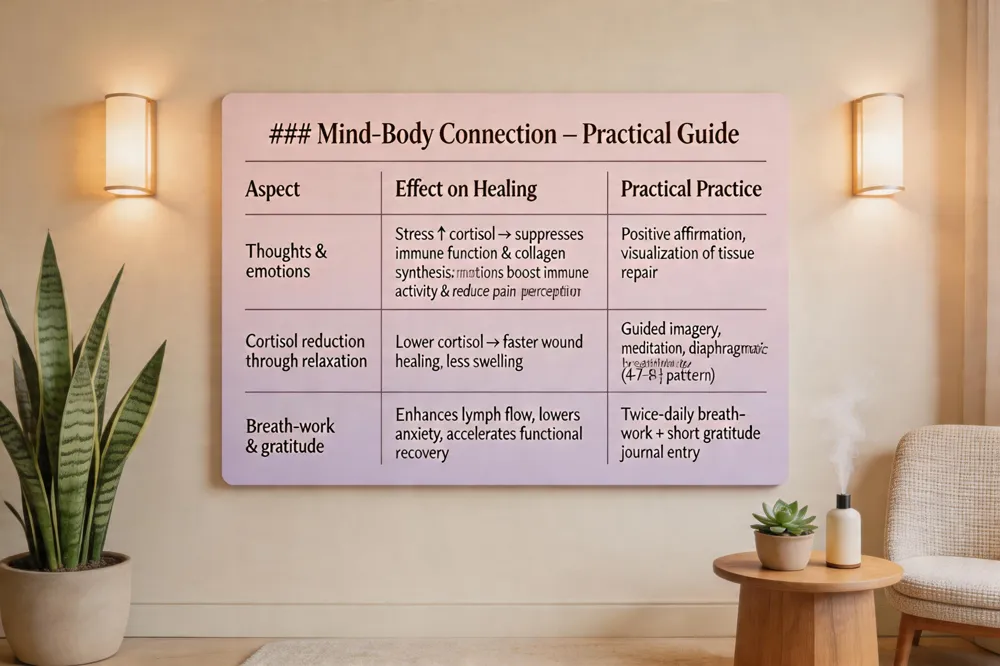 ### Mind‑Body Connection – Practical Guide
| Aspect | Effect on Healing | Practical Practice |
|---|---|---|
| Thoughts & emotions | Stress ↑ cortisol → suppresses immune function & collagen synthesis; positive emotions boost immune activity & reduce pain perception | Positive affirmation, visualization of tissue repair |
| Cortisol reduction through relaxation | Lower cortisol → faster wound healing, less swelling | Guided imagery, meditation, diaphragmatic breathing (4‑7‑8 pattern) |
| Breath‑work & gratitude | Enhances lymph flow, lowers anxiety, accelerates functional recovery | Twice‑daily breath‑work + short gratitude journal entry |
