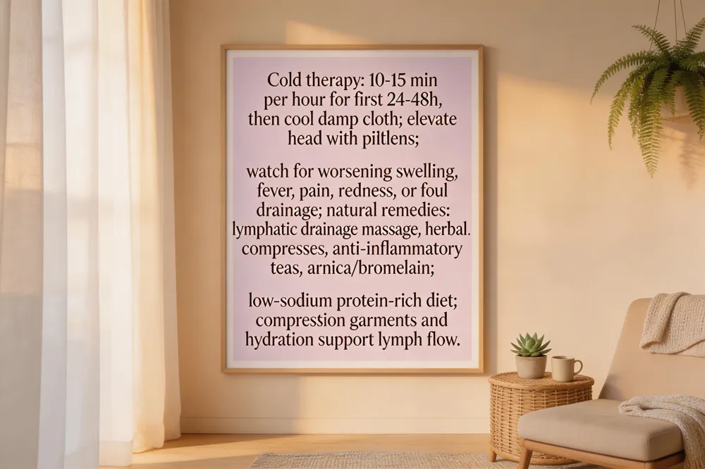 Cold therapy: 10‑15 min per hour for first 24‑48 h, then cool damp cloth; elevate head with pillows; watch for worsening swelling, fever, pain, redness, or foul drainage; natural remedies: lymphatic drainage massage, herbal compresses, anti‑inflammatory teas, arnica/bromelain, low‑sodium protein‑rich diet; compression garments and hydration support lymph flow.