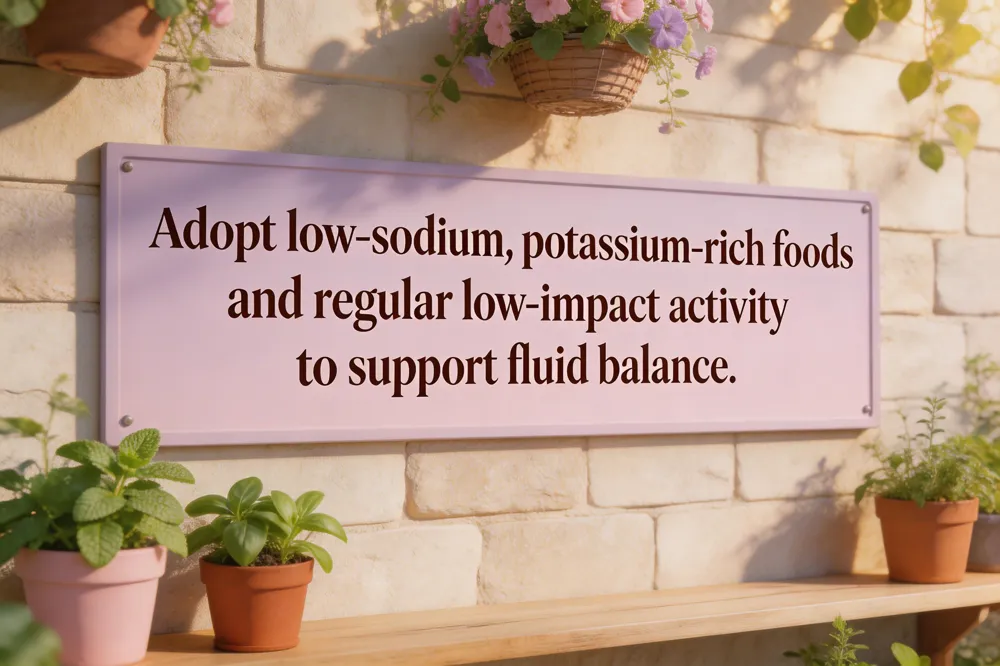 Adopt low‑sodium, potassium‑rich foods and regular low‑impact activity to support fluid balance.