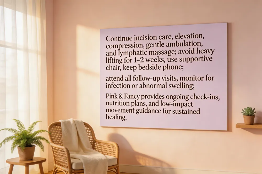 Continue incision care, elevation, compression, gentle ambulation, and lymphatic massage; avoid heavy lifting for 1–2 weeks, use supportive chair, keep bedside phone; attend all follow‑up visits, monitor for infection or abnormal swelling; Pink & Fancy provides ongoing check‑ins, nutrition plans, and low‑impact movement guidance for sustained healing.