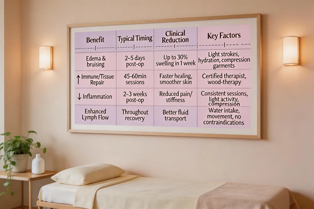 | Benefit | Typical Timing | Clinical Reduction | Key Factors |
|---|---|---|---|
| ↓ Edema &amp; bruising | 2–5 days post‑op (once incisions healed) | Up to 30 % reduction in swelling within 1 week | Light rhythmic strokes, proper hydration, compression garments |
| ↑ Immune support &amp; tissue repair | Ongoing 45–60 min sessions | Faster healing, smoother skin texture | Certified therapist, personalized pressure, wood‑therapy integration |
| ↓ Inflammation | First 2‑3 weeks post‑op | Reduced pain &amp; stiffness | Consistent sessions, light activity, compression |
| Enhanced lymph flow | Throughout recovery | Improved fluid transport to liver for metabolic elimination | Adequate water intake, movement, no contraindications |
