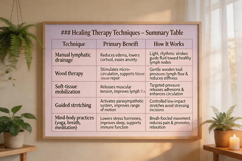 ### Healing Therapy Techniques – Summary Table
| Technique | Primary Benefit | How It Works |
|---|---|---|
| Manual lymphatic drainage | Reduces edema, lowers cortisol, eases anxiety | Light, rhythmic strokes guide excess fluid toward healthy lymph nodes for removal |
| Wood therapy | Stimulates micro‑circulation, supports tissue repair | Gentle pressure with wooden tools promotes lymph flow and reduces stiffness |
| Soft‑tissue mobilization | Releases muscular tension, improves lymph flow | Targeted manual pressure releases adhesions and enhances circulation |
| Guided stretching | Activates parasympathetic system, improves range of motion | Controlled, low‑impact stretches avoid stressing incisions |
| Mind‑body practices (yoga, deep‑breathing, meditation) | Lowers stress hormones, improves sleep, supports immune function | Breath‑focused movement and mental focus reduce perceived pain and promote relaxation |

