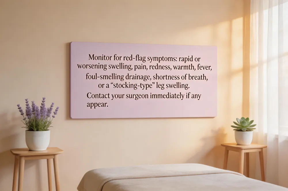 Monitor for red‑flag symptoms: rapid or worsening swelling, pain, redness, warmth, fever, foul‑smelling drainage, shortness of breath, or a “stocking‑type” leg swelling. Contact your surgeon immediately if any appear.