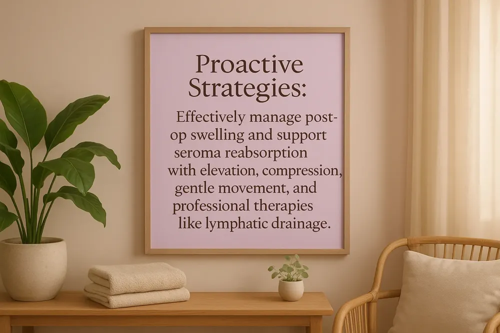 Proactive Strategies: Effectively manage post-op swelling and support seroma reabsorption with elevation, compression, gentle movement, and professional therapies like lymphatic drainage.