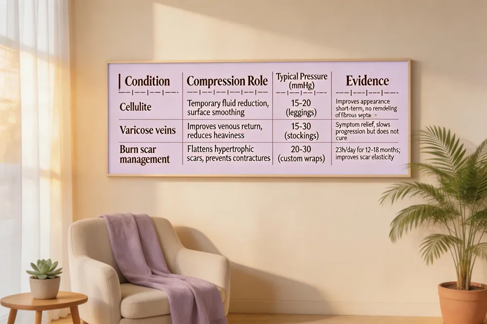 | Condition | Compression Role | Typical Pressure (mmHg) | Evidence |
|---|---|---|---|
| Cellulite | Temporary fluid reduction, surface smoothing | 15‑20 (leggings) | Improves appearance short‑term; no remodeling of fibrous septae |
| Varicose veins | Improves venous return, reduces heaviness | 15‑30 (stockings) | Symptom relief; slows progression but does not cure |
| Burn scar management | Flattens hypertrophic scars, prevents contractures | 20‑30 (custom wraps) | 23 h/day for 12‑18 months; improves scar elasticity