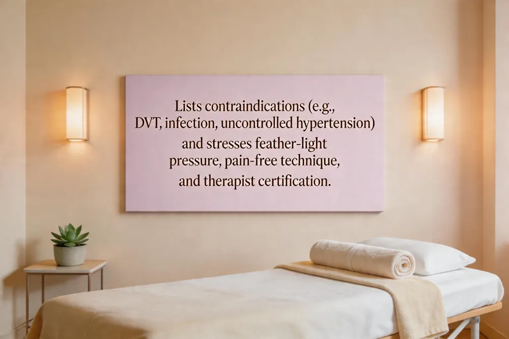 Lists contraindications (e.g., DVT, infection, uncontrolled hypertension) and stresses feather‑light pressure, pain‑free technique, and therapist certification.