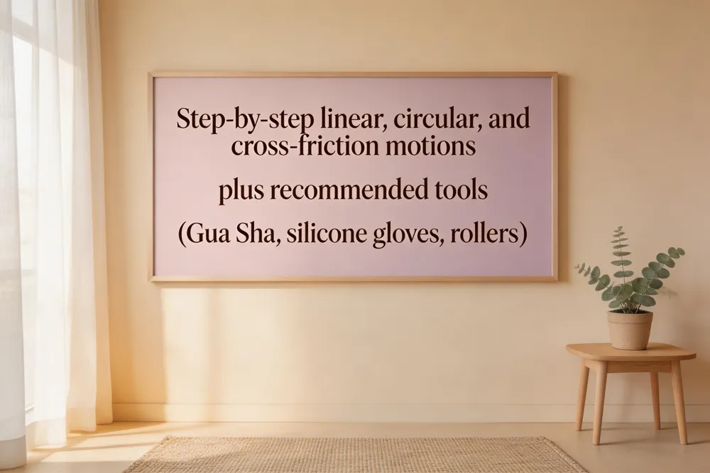 Step‑by‑step linear, circular, and cross‑friction motions plus recommended tools (Gua Sha, silicone gloves, rollers).