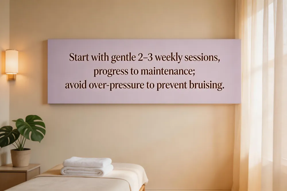 Start with gentle 2‑3 weekly sessions, progress to maintenance; avoid over‑pressure to prevent bruising.