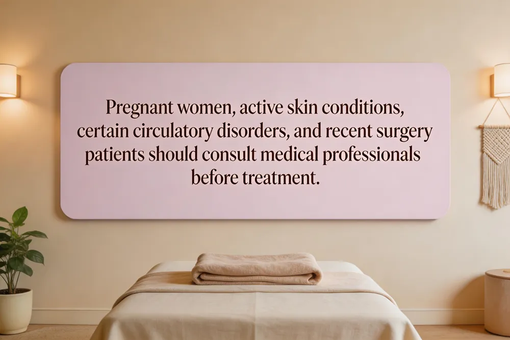 Pregnant women, active skin conditions, certain circulatory disorders, and recent surgery patients should consult medical professionals before treatment.