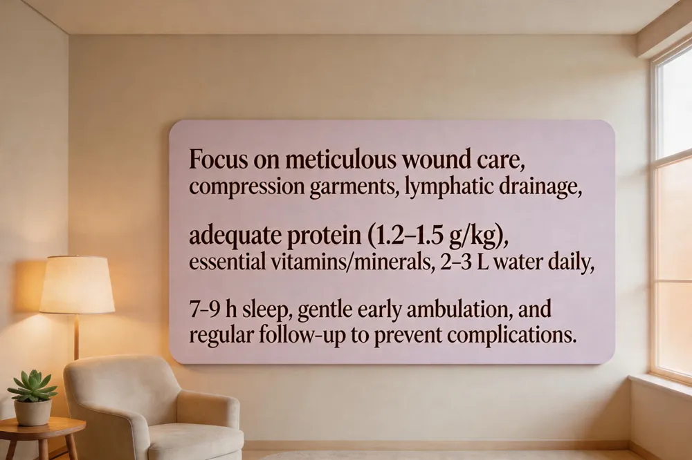 Focus on meticulous wound care, compression garments, lymphatic drainage, adequate protein (1.2‑1.5 g/kg), essential vitamins/minerals, 2‑3 L water daily, 7‑9 h sleep, gentle early ambulation, and regular follow‑up to prevent complications.