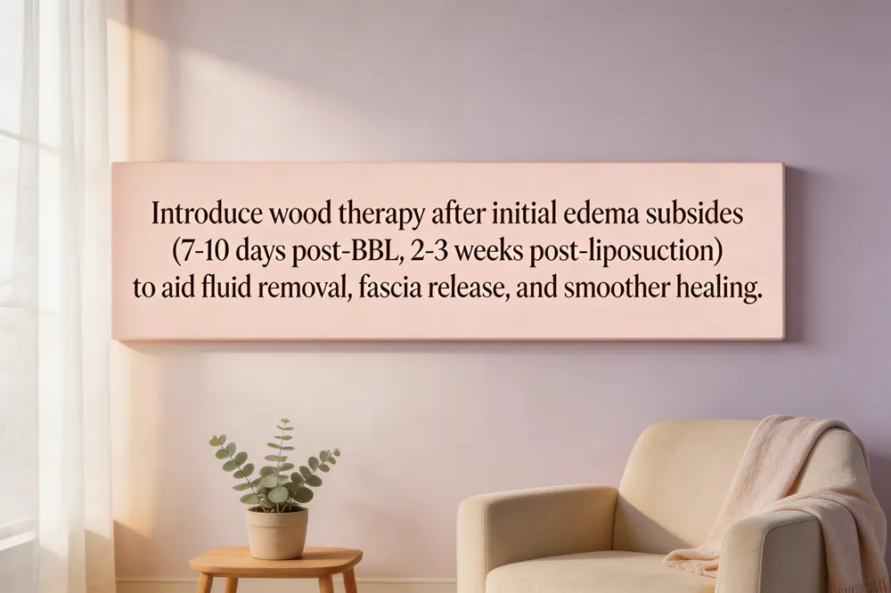 Introduce wood therapy after initial edema subsides (7‑10 days post‑BBL, 2‑3 weeks post‑liposuction) to aid fluid removal, fascia release, and smoother healing.