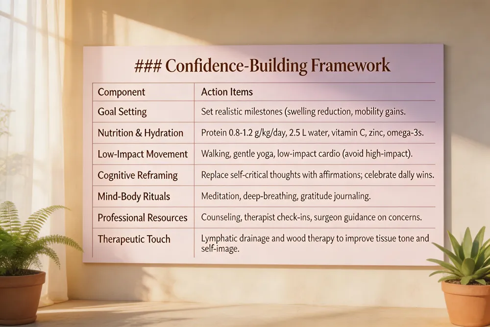 ### Confidence‑Building Framework
| Component | Action Items |
|---|---|
| Goal Setting | Set realistic milestones (swelling reduction, mobility gains). |
| Nutrition & Hydration | Protein 0.8‑1.2 g/kg/day, 2.5 L water, vitamin C, zinc, omega‑3s. |
| Low‑Impact Movement | Walking, gentle yoga, low‑impact cardio (avoid high‑impact). |
| Cognitive Reframing | Replace self‑critical thoughts with affirmations; celebrate daily wins. |
| Mind‑Body Rituals | Meditation, deep‑breathing, gratitude journaling. |
| Professional Resources | Counseling, therapist check‑ins, surgeon guidance on concerns. |
| Therapeutic Touch | Lymphatic drainage and wood therapy to improve tissue tone and self‑image. |