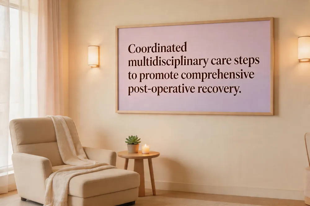 Coordinated multidisciplinary care steps to promote comprehensive post‑operative recovery.