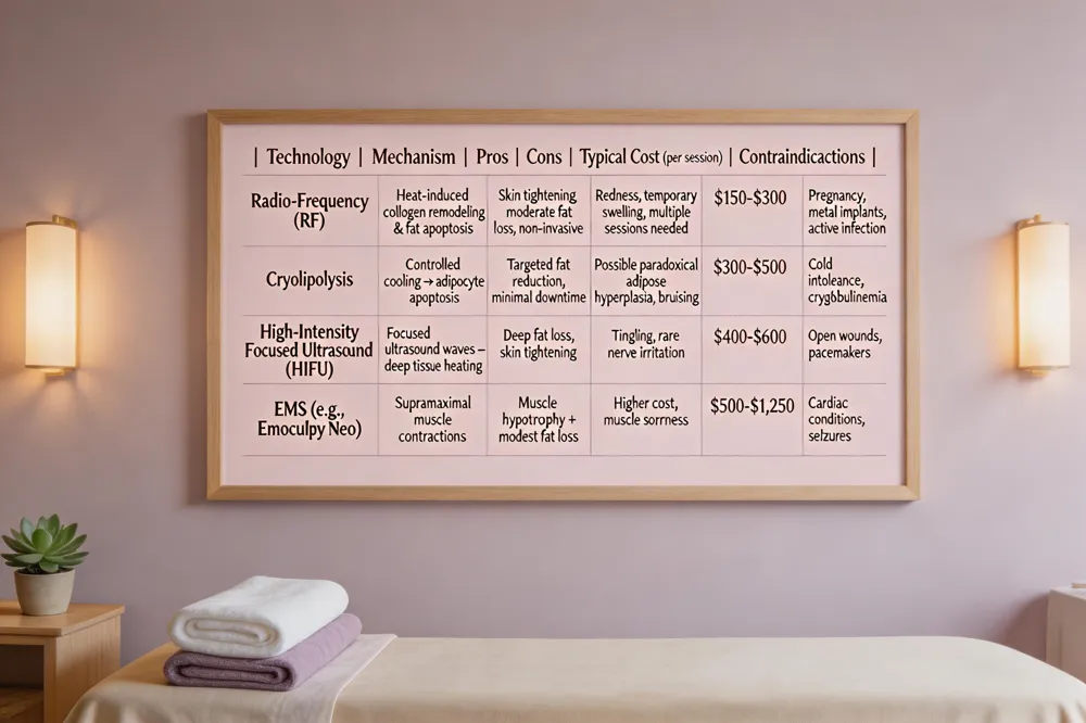 | Technology | Mechanism | Pros | Cons | Typical Cost (per session) | Contraindications |
|---|---|---|---|---|---|
| Radio‑Frequency (RF) | Heat‑induced collagen remodeling &amp; fat apoptosis | Skin tightening, moderate fat loss, non‑invasive | Redness, temporary swelling, multiple sessions needed | $150‑$300 | Pregnancy, metal implants, active infection |
| Cryolipolysis | Controlled cooling → adipocyte apoptosis | Targeted fat reduction, minimal downtime | Possible paradoxical adipose hyperplasia, bruising | $300‑$500 | Cold intolerance, cryoglobulinemia |
| High‑Intensity Focused Ultrasound (HIFU) | Focused ultrasound waves → deep tissue heating | Deep fat loss, skin tightening | Tingling, rare nerve irritation | $400‑$600 | Open wounds, pacemakers |
| EMS (e.g., Emsculpt Neo) | Supramaximal muscle contractions | Muscle hypertrophy + modest fat loss | Higher cost, muscle soreness | $500‑$1,250 | Cardiac conditions, seizures |
