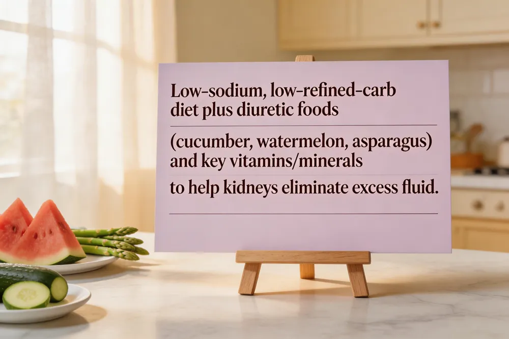 Low‑sodium, low‑refined‑carb diet plus diuretic foods (cucumber, watermelon, asparagus) and key vitamins/minerals to help kidneys eliminate excess fluid.