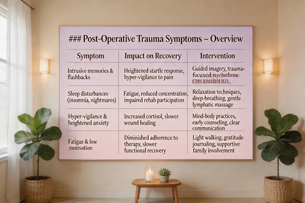### Post‑Operative Trauma Symptoms – Overview
| Symptom | Impact on Recovery | Intervention |
|---|---|---|
| Intrusive memories & flashbacks | Heightened startle response, hyper‑vigilance to pain | Guided imagery, trauma‑focused psychotherapy (CBT, EMDR) |
| Sleep disturbances (insomnia, nightmares) | Fatigue, reduced concentration, impaired rehab participation | Relaxation techniques, deep‑breathing, gentle lymphatic massage |
| Hyper‑vigilance & heightened anxiety | Increased cortisol, slower wound healing | Mind‑body practices, early counseling, clear communication |
| Fatigue & low motivation | Diminished adherence to therapy, slower functional recovery | Light walking, gratitude journaling, supportive family involvement |
