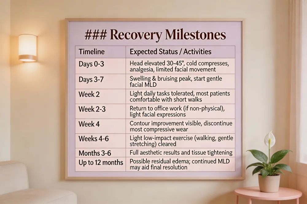 ### Recovery Milestones
| Timeline | Expected Status / Activities |
|---|---|
| Days 0‑3 | Head elevated 30‑45°, cold compresses, analgesia, limited facial movement |
| Days 3‑7 | Swelling & bruising peak, start gentle facial MLD |
| Week 2 | Light daily tasks tolerated, most patients comfortable with short walks |
| Week 2‑3 | Return to office work (if non‑physical), light facial expressions |
| Week 4 | Contour improvement visible, discontinue most compressive wear |
| Weeks 4‑6 | Light low‑impact exercise (walking, gentle stretching) cleared |
| Months 3‑6 | Full aesthetic results and tissue tightening emerge |
| Up to 12 months | Possible residual edema; continued MLD may aid final resolution |
