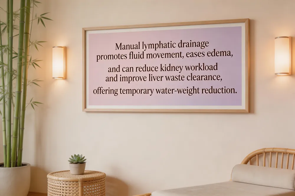 Manual lymphatic drainage promotes fluid movement, eases edema, and can reduce kidney workload and improve liver waste clearance, offering temporary water‑weight reduction.