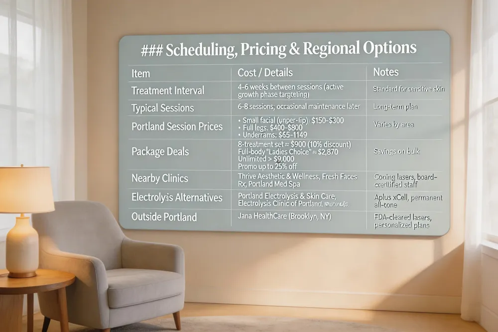 ### Scheduling, Pricing & Regional Options
| Item | Cost / Details | Notes |
|---|---|---|
| Treatment Interval | 4‑6 weeks between sessions (allows active growth phase targeting). | Standard for sensitive skin |
| Typical Sessions | 6‑8 sessions needed; occasional maintenance later. | Long‑term plan |
| Portland Session Prices | • Small facial (upper lip): $150‑$300 | |
| • Full legs: $400‑$800 | ||
| • Underarms: $65‑$149 | Varies by area | |
| Package Deals | 8‑treatment set for single area ≈ $900 (≈10 % discount). Full‑body “Ladies Choice” ≈ $2,870. Unlimited‑treatment plan > $9,000. Promo codes can shave up to 25 % off. | Savings on bulk purchases |
| Nearby Clinics | Thrive Aesthetic & Wellness (Lumenis LightSheer® DUET), Fresh Faces Rx (DiolazeXL), Portland Med Spa (Diode). | Offer cooling‑enhanced lasers, board‑certified staff, financing |
| Electrolysis Alternatives | Portland Electrolysis & Skin Care, Electrolysis Clinic of Portland, Queen of Swords Electrolysis – FDA‑cleared Apilus xCell devices. | Permanent all‑tone solution |
| Outside Portland | Jana HealthCare (Brooklyn, NY) – FDA‑cleared lasers, on‑site cooling, personalized plans. | For patients elsewhere |
| 
