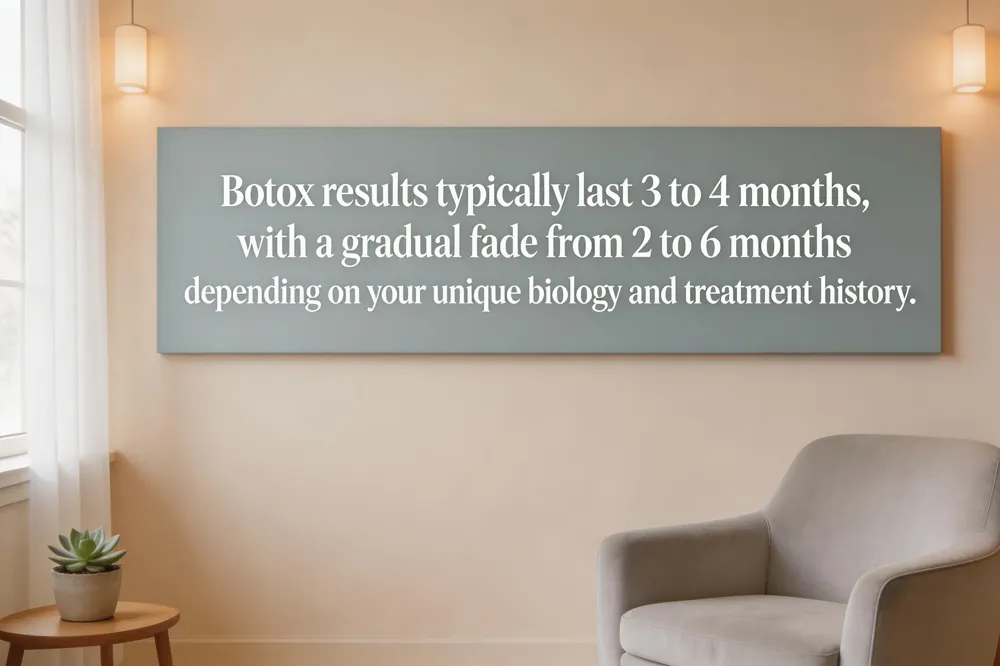 Botox results typically last 3 to 4 months, with a gradual fade from 2 to 6 months depending on your unique biology and treatment history.