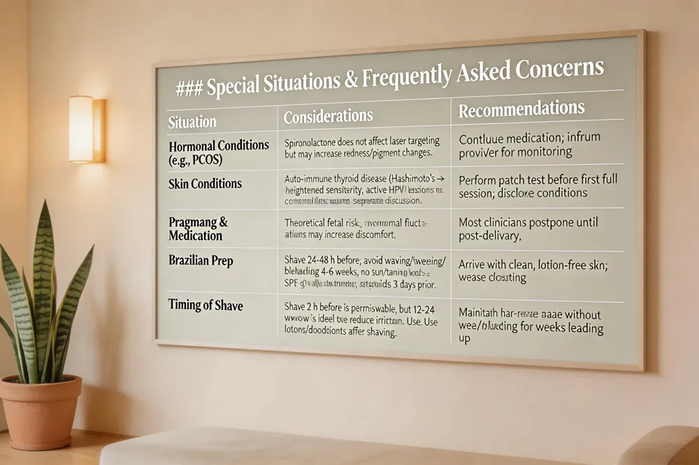 ### Special Situations & Frequently Asked Concerns
| Situation | Considerations | Recommendations |
|---|---|---|
| Hormonal Conditions (e.g., PCOS) | Spirnololactone does not affect laser targeting but may increase redness/pigment changes. | Continue medication; inform provider for monitoring |
| Skin Conditions | Auto‑immune thyroid disease (Hashimoto’s) → heightened sensitivity; active HPV lesions not a contraindication, but genital warts require separate discussion. | Perform patch test before first full session; disclose conditions |
| Pregnancy & Medication | Theoretical fetal risk; hormonal fluctuations may increase discomfort. | Most clinicians postpone until post‑delivery |
| Brazilian Prep | Shave 24‑48 h before; avoid waxing/tweezing/bleaching 4‑6 weeks; no sun/tanning beds ≥2 weeks; SPF 30+ daily; avoid self‑tanners, strong exfoliants, retinoids 3 days prior. | Arrive with clean, lotion‑free skin; wear loose clothing |
| Timing of Shave | Shave 2 h before is permissible, but 12‑24 h window is ideal to reduce irritation. Use fresh razor; no lotions/deodorants after shaving. | Maintain hair‑free area without wax/plucking for weeks leading up |
| 